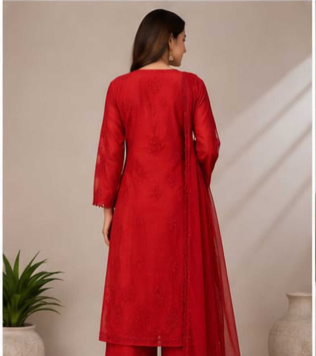 Red Chanderi Sequin Embroidered Kurta Set for Women