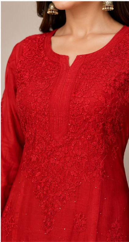 Red Chanderi Sequin Embroidered Kurta Set for Women