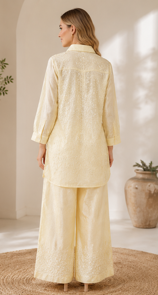 Butter Yellow Muslin Embroidered Co-ord Set for Women