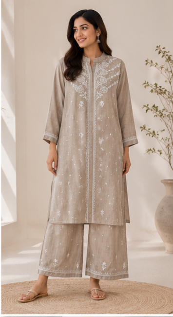 Beige Tissue Embroidered Co-ord Set for Women