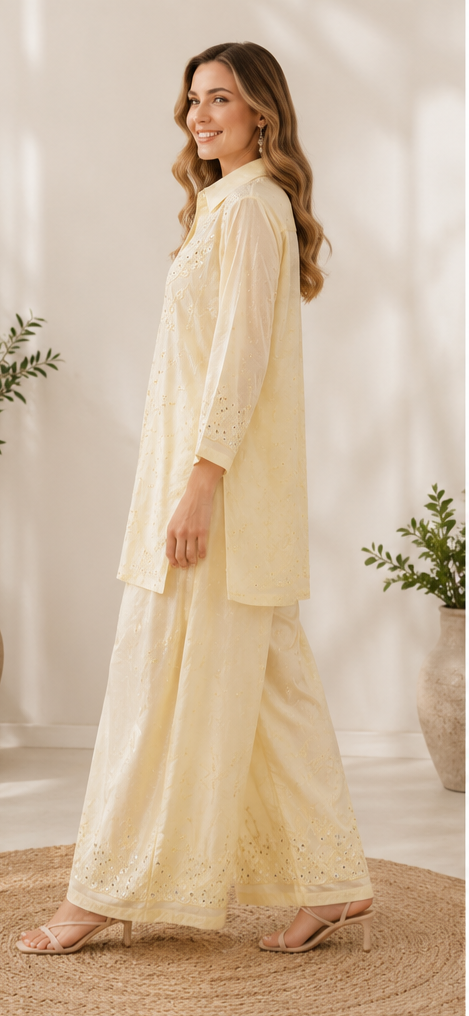Butter Yellow Muslin Mukesh Work Co-ord Set for Women