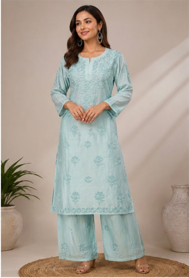 Sky Blue Chanderi Embroidered Kurta Set for Women