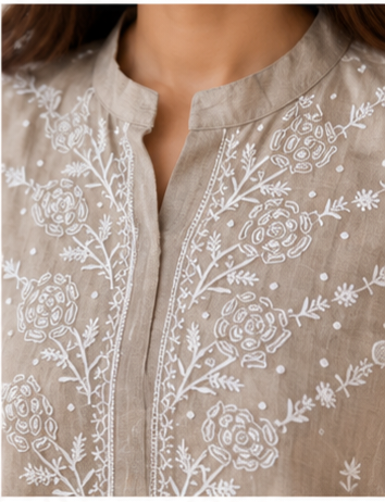 Beige Tissue Embroidered Co-ord Set for Women