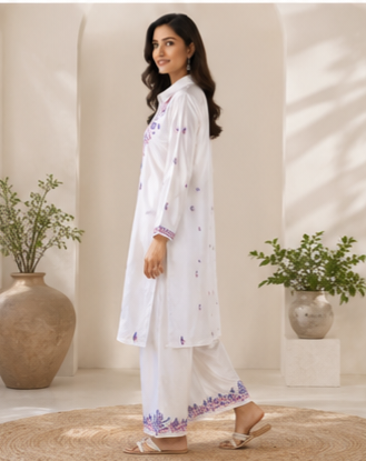 Ivory Satin Embroidered Co-ord Set for Women