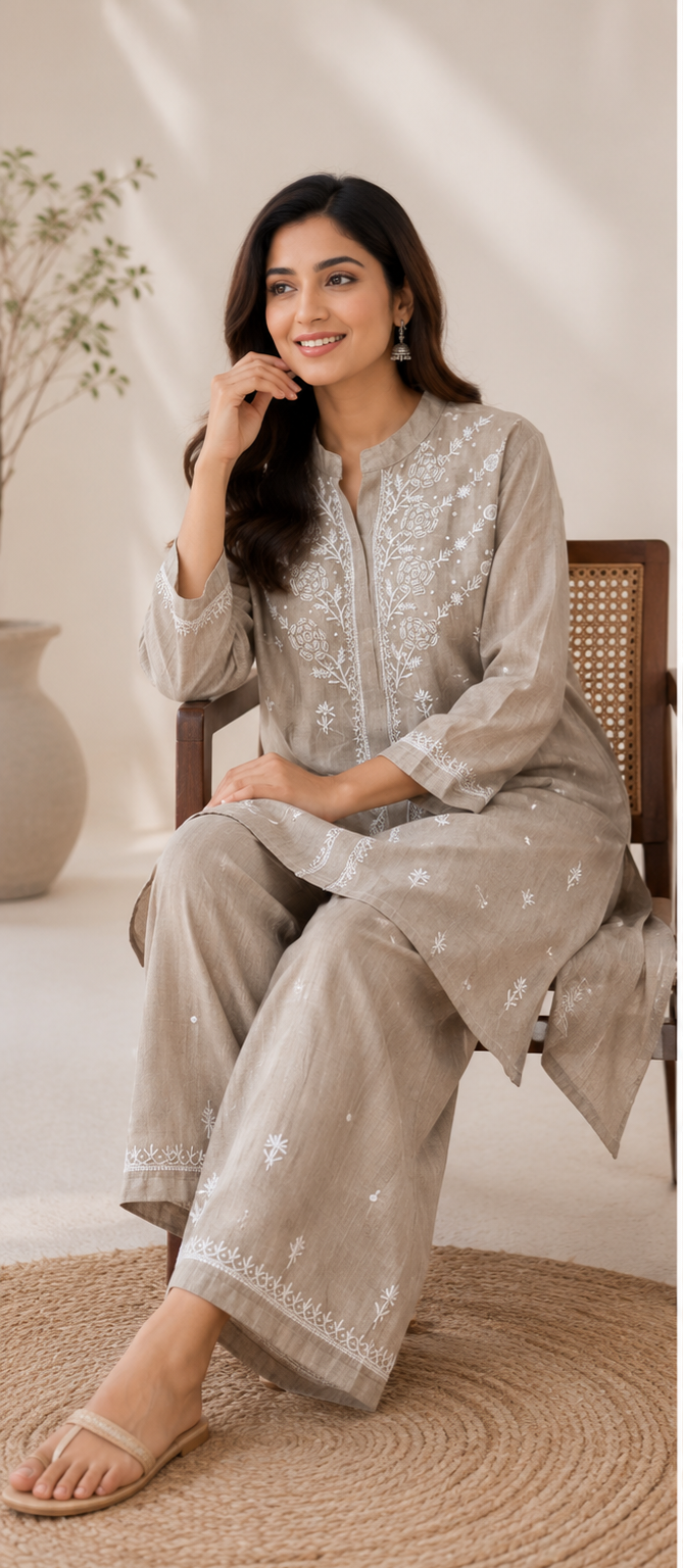 Beige Tissue Embroidered Co-ord Set for Women