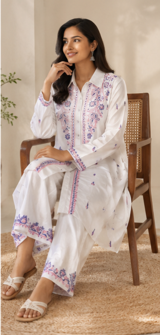 Ivory Satin Embroidered Co-ord Set for Women