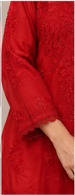 Red Chanderi Sequin Embroidered Kurta Set for Women
