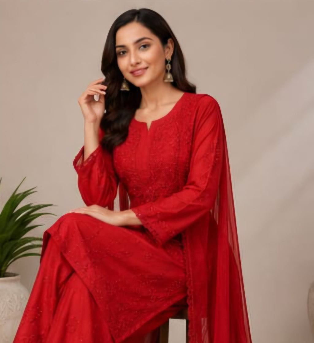 Red Chanderi Sequin Embroidered Kurta Set for Women