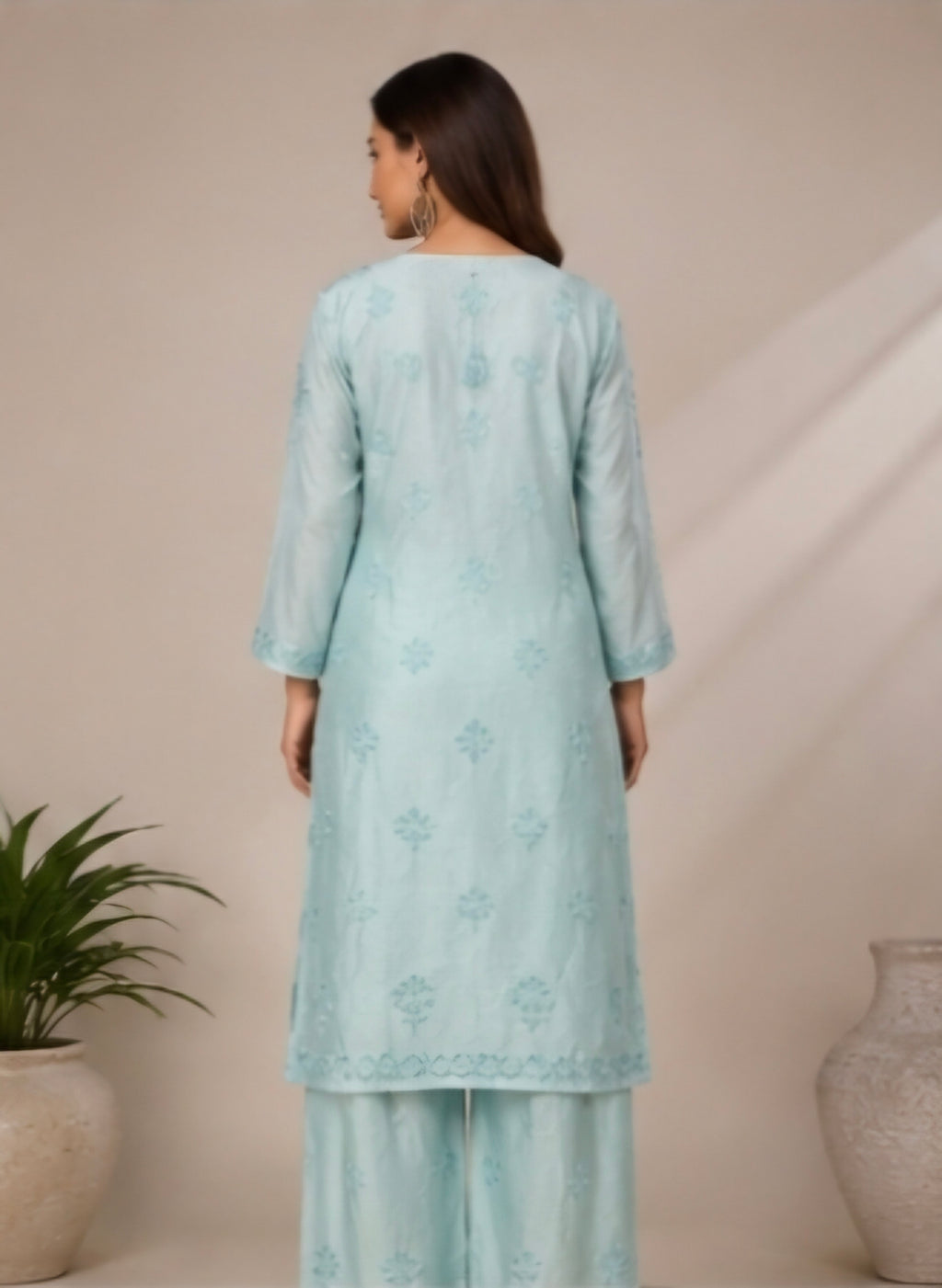 Sky Blue Chanderi Embroidered Kurta Set for Women