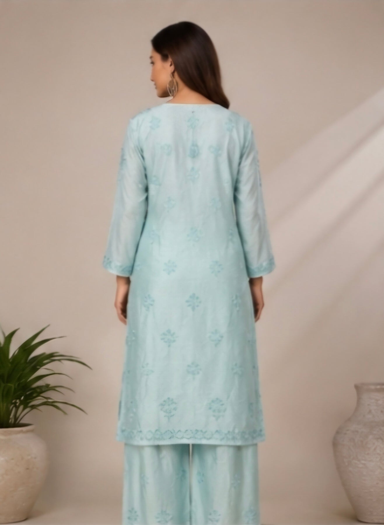 Sky Blue Chanderi Embroidered Kurta Set for Women
