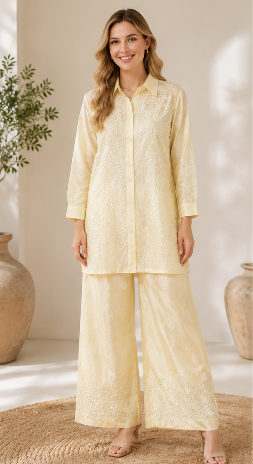 Butter Yellow Muslin Embroidered Co-ord Set for Women