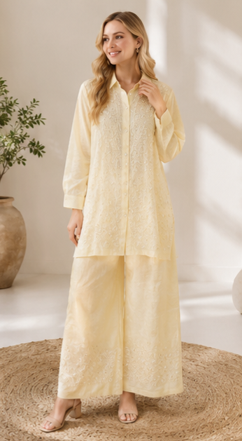Butter Yellow Muslin Embroidered Co-ord Set for Women