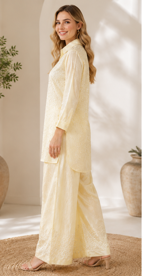 Butter Yellow Muslin Embroidered Co-ord Set for Women