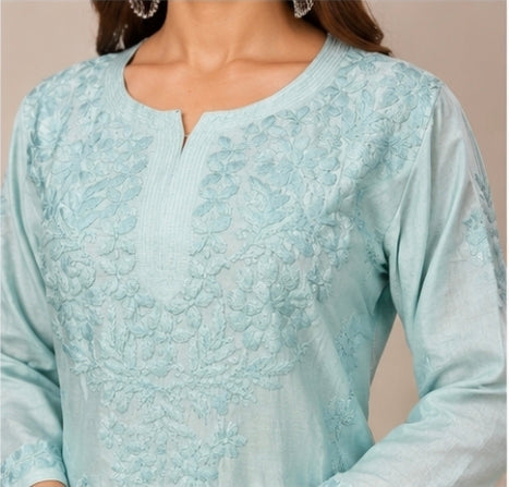 Sky Blue Chanderi Embroidered Kurta Set for Women