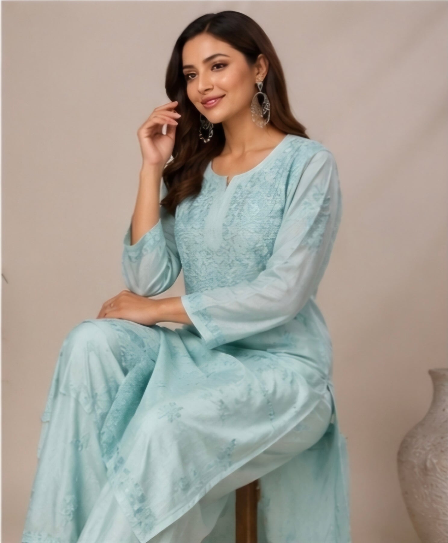 Sky Blue Chanderi Embroidered Kurta Set for Women