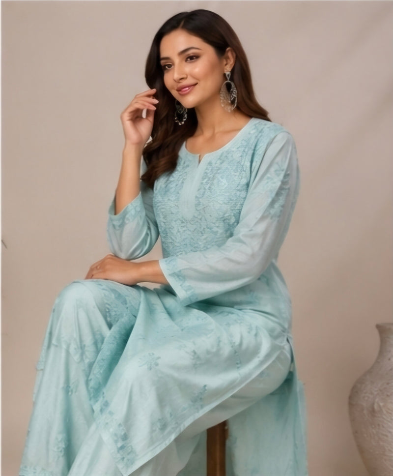 Sky Blue Chanderi Embroidered Kurta Set for Women