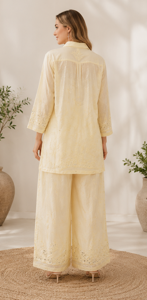 Butter Yellow Muslin Mukesh Work Co-ord Set for Women