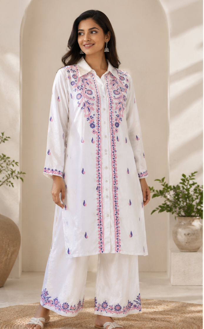 Ivory Satin Embroidered Co-ord Set for Women