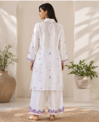 Ivory Satin Embroidered Co-ord Set for Women