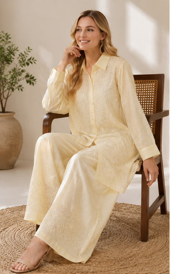Butter Yellow Muslin Embroidered Co-ord Set for Women